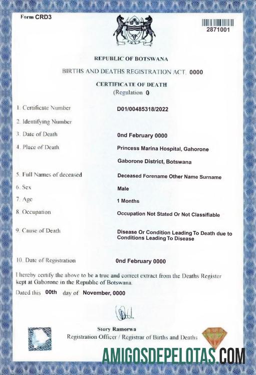 Realista modelo de certidão de óbito de Botsuana em formato PSD